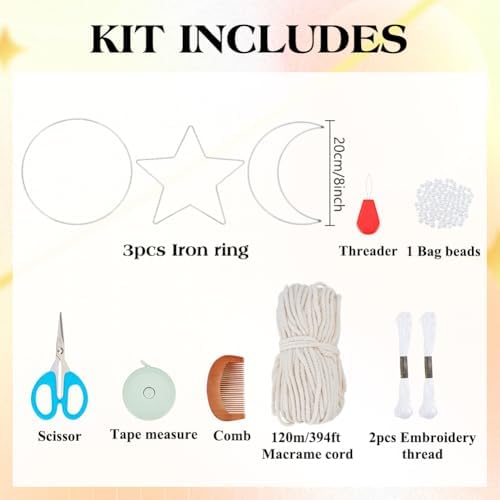 ACRNIGHEET 3 Sets Moon/Star/Dream Catcher Macrame Kit for Adults Beginners Boho Macrame Wall Hanging Decor with Video Tutorials Handmade Woven Boho Home Decor for Bedroom Dorm Decoration - Image 2