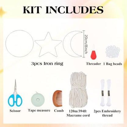 ACRNIGHEET 3 Sets Moon/Star/Dream Catcher Macrame Kit for Adults Beginners Boho Macrame Wall Hanging Decor with Video Tutorials Handmade Woven Boho Home Decor for Bedroom Dorm Decoration - Image 2