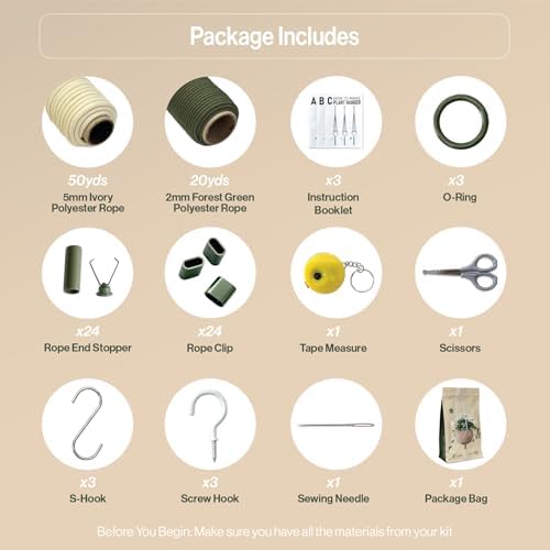 Macrame Kits for Beginners, 3 Set of Plant Hangers DIY Kit: Braided Polyester Ropes 50yds*5mm Ivory, 20yds*2mm Forest Green, 60+Pcs Supplies with Step-by-Step Easy Instructions (IVGR) - Image 3