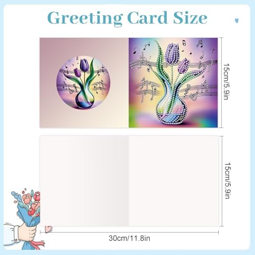 jinglinhh 12pcs Diamond Art Painting Romantic Rose Tulip Flower Bouquet Musical Notes Greeting Cards with Envelopes, DIY Card Making Kits for Adults, Diamond Art Postcards Christmas Cards Craft Gifts - Image 2