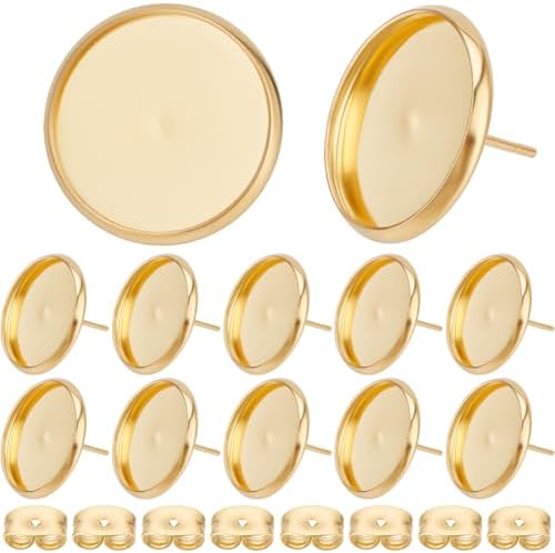 Beebeecraft 1 Box 50Pcs 16mm Cabochon Earring Blanks 18K Gold Plated Stainless Steel Stud Earrings Findings Round Tray Bezel Cup Earring Settings Posts and Back for Jewelry Making Kit Resin Craft by Beebeecraft