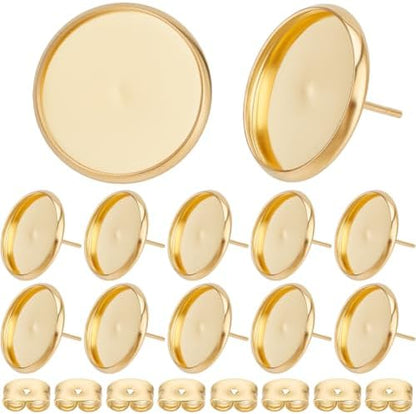 Beebeecraft 1 Box 50Pcs 16mm Cabochon Earring Blanks 18K Gold Plated Stainless Steel Stud Earrings Findings Round Tray Bezel Cup Earring Settings Posts and Back for Jewelry Making Kit Resin Craft by Beebeecraft