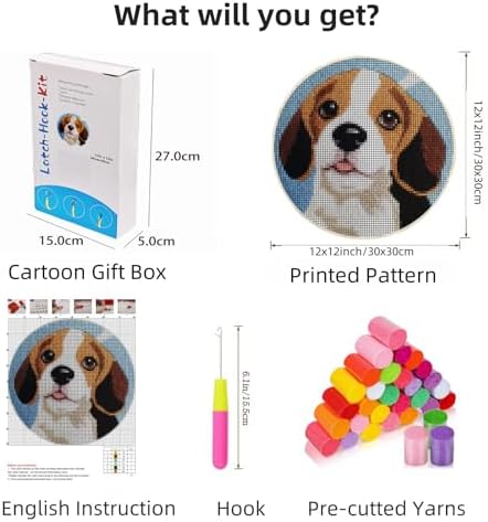 Latch Hook Rug Kit Cute Cartoon Puppy Beagles Dog with Christmas Color Easy for Beginners Round Shape Carpet Crochet Yarn Craft Mini Rug DIY Hook and Latch Little Tapestry for Home Decor 30x30cm-2 - Image 2
