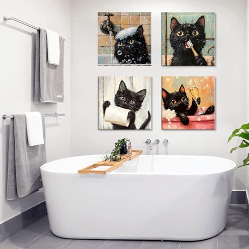Clendo 4 Pack Black Cat Paint by Numbers Kit for Adults with Frame - Animals in Bathtub Adult Paint by Number Kit DIY Oil Painting Kits for Home Wall Decor 8x8 Inch - Image 2