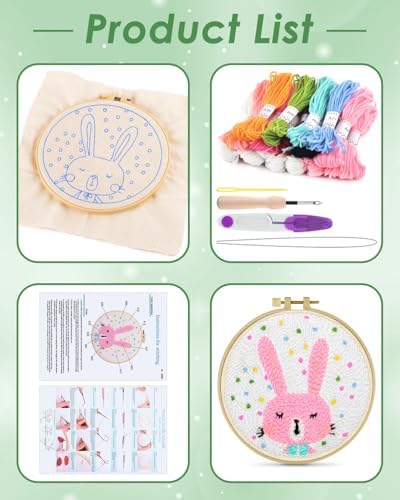 ERKOON Punch Needle Kit Adults Beginners, DIY Easy Animals Embroidery Set for Starter Art Craft, Needling Punch Project with Patterns, Tools, Yarns, Hoop, Instruction (Rabbit) - Image 2