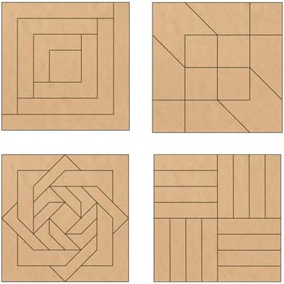 Set of 4 Coasters Small Barn Quilt Kit DIY Pattern Unfinished Wood Quilting Block Sign Paintable Art for Adults and Kids (Log Cabin, Road to Oklahoma, Slip Knot, Rail Fence) by AVTRBoutique