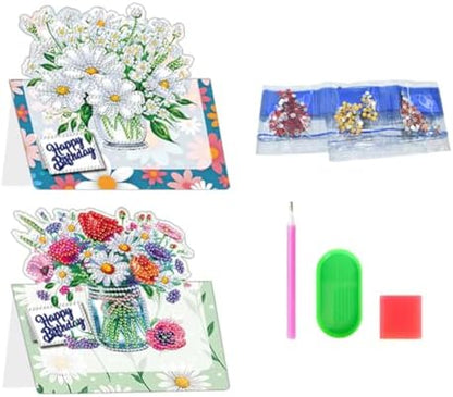 jinglinhh 6pcs Diamond Art Painting Birthday Tulip Daisy Flower Bouquet Greeting Cards with Envelopes, DIY Card Making Kits for Adults, Diamond Art Postcards Christmas Cards Craft Gifts - Image 3