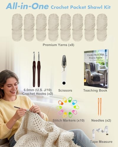 Arborthread Crochet Kit for Beginners, All-Season Pocket Shawl Light Khaki - Image 6