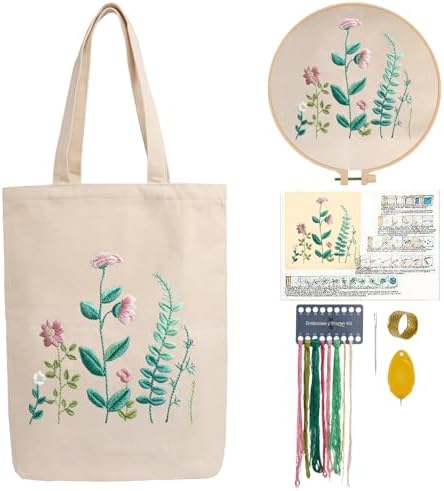 CREAWONDER Canvas Tote Bag Embroidery Kit with Pattern for Beginners, Arts and DIY Embroidery Crafts Kits for Adults, Include Instructions, Embroidery Hoops, Color Threads and Tool by Unknown