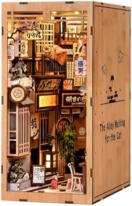 Book Nook Kit, DIY Miniature House Kit for Adults and Teens, 3D Puzzle Tiny Dollhouse House Bookshelf Decor, Adult Crafts Booknook Gifts for Book Lovers (Cat Waiting Alley) by Hjvibfco
