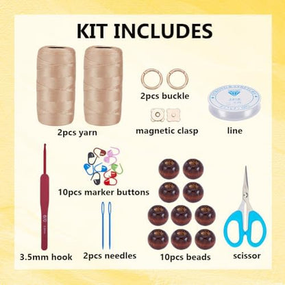 ACRNIGHEET Crochet Kit for Advanced Beginners Pink Khaki Crochet Purse Bag for Women DIY Tote Bag Making Kit with Step-by-Step Tutorials Hobbies Project for Starter Boho Style Gift Ideas - Image 2