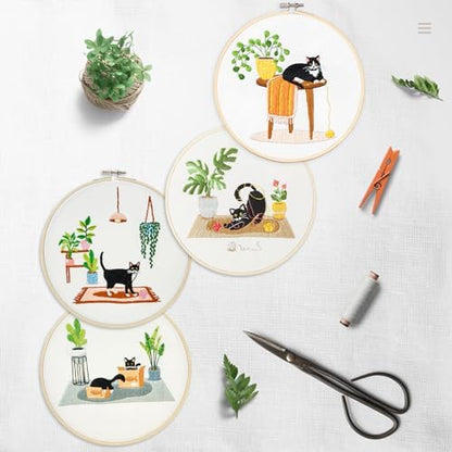Bonroy 4 Sets Embroidery Set for Beginners, Art Craft, Easy Sewing, Includes Embroidery Clothing, Pattern, Embroidery Hoop, Instruction Manual, Colorful Thread Stitch Set (Cat) - Image 3