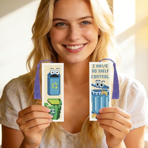 INFUNLY 6 Pcs Funny Trash Can Cross Stitch Bookmark Kit Raccoon Quotes Counted Embroidery Book Mark with Tassels, Complete DIY Cross Stitch Kit Thread Needles Scissors for Reading Gifts - Image 7