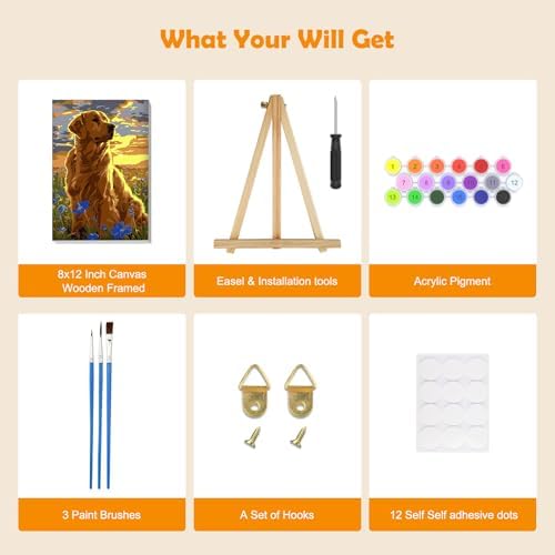 MOGTAA Paint by Numbers Kit for Adults with Frame, Dog Paint by Number Canvas, Flowers Scenery Paint by Numbers with Easel, DIY Animal Oil Painting Kit for Home Wall Decor 8 x 12 Inch - Image 5