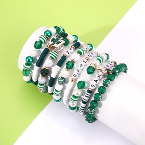 HSWE Game Day Beads for Bracelets Making Kit Heishi Clay Pearl Letter Assorted Round Bead Gold Spacer Beads Football Charms for DIY Bracelets Necklace Jewelry Making (Green White Beads Kit25) - Image 5