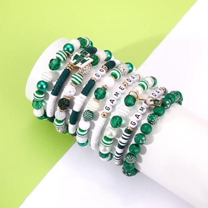HSWE Game Day Beads for Bracelets Making Kit Heishi Clay Pearl Letter Assorted Round Bead Gold Spacer Beads Football Charms for DIY Bracelets Necklace Jewelry Making (Green White Beads Kit25) - Image 5