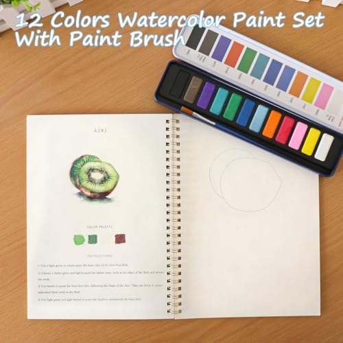 Beginner Watercolor Painting Kit Watercolor Workbook Coloring Book 12 Colors Paint Set with Brush, Easily Master Beginner Friendly Watercolor Paint Set Gift for Adults Teens. (Fruit) - Image 4
