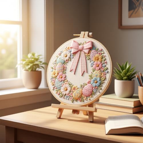 JJFox Embroidery Kit for Beginners and Adults, DIY Hand Embroidery Starter Kit with Cute Pattern, Cross Stitch Needlepoint Set with Hoop, Threads and Instructions (Easter Wreath) - Image 5