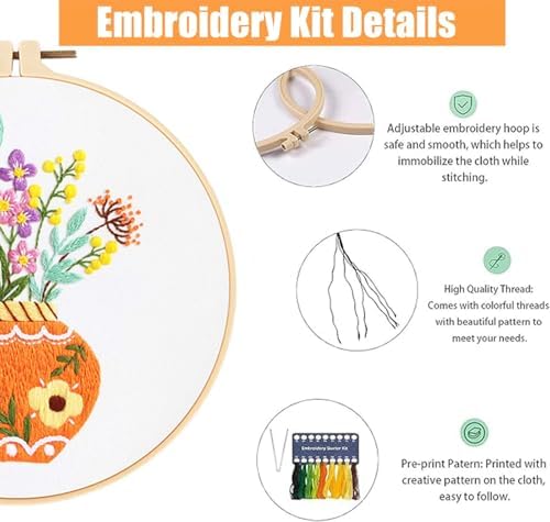 GLTAYLMY 3pcs Embroidery Starter Kit with Vase Pattern, Stamped Cross Stitch Kits for Beginners Adults with Embroidery Hoop and Instructions, Hand Embroidery Kit - Image 3