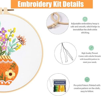 GLTAYLMY 3pcs Embroidery Starter Kit with Vase Pattern, Stamped Cross Stitch Kits for Beginners Adults with Embroidery Hoop and Instructions, Hand Embroidery Kit - Image 3