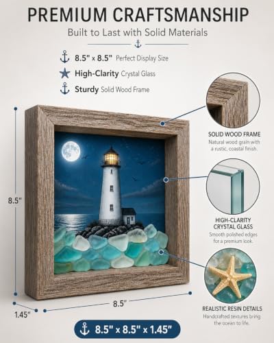 Coastal Lighthouse Sea Glass Shadow Box Night Light Nautical Beach Lamp Home Decor DIY Wooden Picture Frame Ocean Theme Craft Kit Starfish Shells Art Bedside Reading Corner Gift for Adult(#7,USB) - Image 4