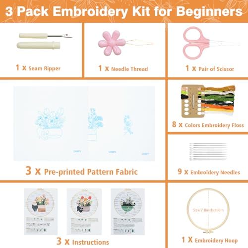 Embroidery Kit for Beginners, Adult Stamped Kits with Cat Floral Patterns - Image 4