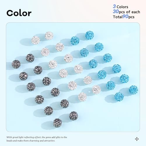 90pcs 10mm Rhinestone Beads for Jewelry Making, Aquamarine+White+Hematite Shiny Round Shamballa Disco Beads, Sparkle Crystal Clay Christmas for Bracelet Baseball Necklace Earring and DIY - Image 2
