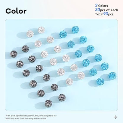 90pcs 10mm Rhinestone Beads for Jewelry Making, Aquamarine+White+Hematite Shiny Round Shamballa Disco Beads, Sparkle Crystal Clay Christmas for Bracelet Baseball Necklace Earring and DIY - Image 2