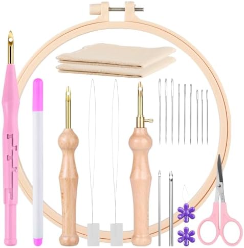 MSDADA 21PC Punch Needle Kit, Adjustable Punch Needle Tool, Wooden Handle Embroidery Pen Kits, Hoops, Cloth, Punch Needle Set Adults Beginner for DIY Craft, Perfect for Decoration and Gifts（Pink） by ColoryourlifewithMSDADA