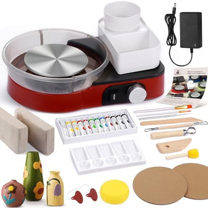 Pottery Wheel for Adults - Complete Pottery Tools Kit for Beginners, 6" Turntable Two-Way Rotation Adjustable Speed, 2.2 lbs. Air Dry Clay, Mini Clay Making Pottery Wheel with Storage Design (Red) by ArtsandCraftsforKids