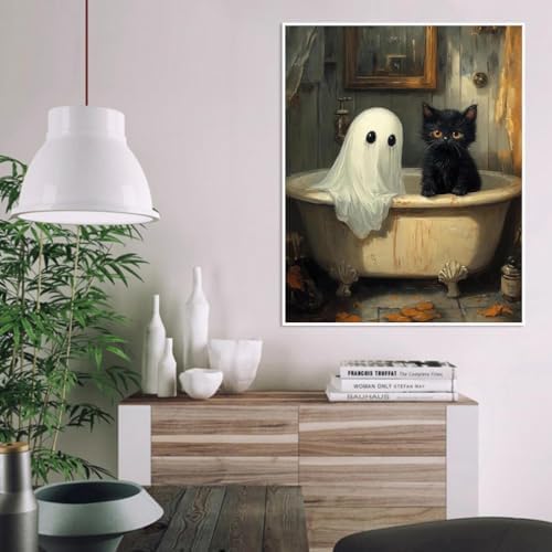 Clendo Halloween Paint by Numbers Kit for Adults, Ghost Oil Painting by Numbers with Brushes, Black Cat Art and Crafts Canvas Kit for Beginner Home Decor 16x20 inch / 40x50 cm - Image 4