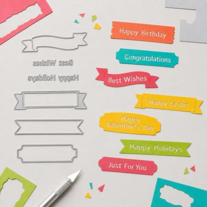 Tags Greetings Frames Cutting Die 5 Styles Label Text Stencils with 40 Sheets Cardstock & Tweezers, All-in-One Craft Kit for DIY Scrapbooking Birthday Greeting Card Album Photo Decor - Image 4