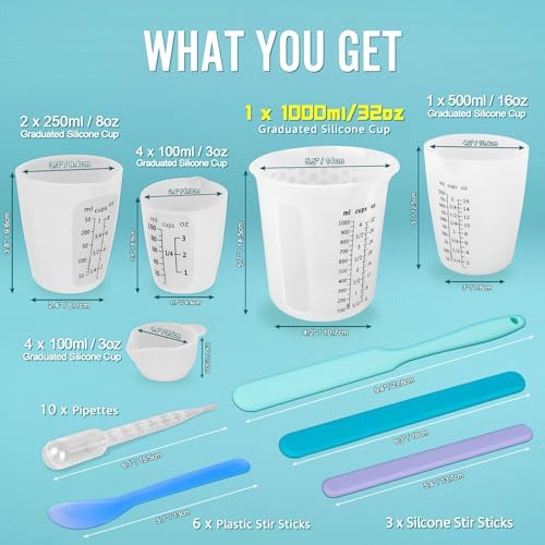Silicone Resin Mixing 1L Measuring Cup Set for Resin Supplies, Easy-to-Read Marks, 1000ml/32oz Large Cup, 500&250&100ml Thickened Reusable Silicone Cups for Epoxy Mixing, Jewelry Making - Image 2