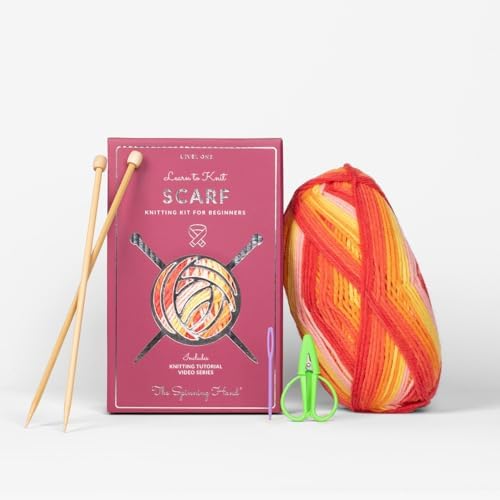 The Spinning Hand Knitting Kit for Beginners Adults – Educator-Designed, Self-Striping Wool Yarn, Bamboo Needles & Video Tutorials (Sunset) by TheSpinningHand