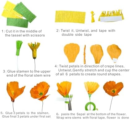 Mybbshower Orange Crepe Paper Poppy Flower DIY Making Kit Home Decoration Table Decor Pack of 24 pcs - Image 3