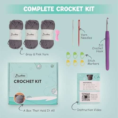 Hat Beanie Crochet Kit, Crochet Kit for Beginners, Step-by-Step Video Tutorials and Detailed Instruction, Complete DIY Learn to Crochet, Crochet Starter Kit with Yarn Hook All Accessories, Cat Ear Hat - Image 2