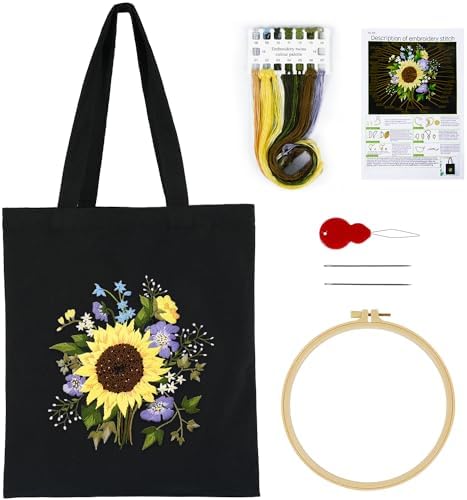 Canvas Tote Bag Embroidery Kit with Sunflower Pattern, Embroidery Kits for Beginners Adults, Arts and DIY Crafts Embroidery Starter kit, Include Stamped Embroidery Bag, Color Threads, Embroidery Tools by MAMUNU