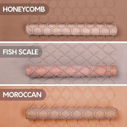 Byllstore Extra Large Clay Texture Rollers with Pottery Stamps | 3 Texture Rollers | 6 Clay Stamps | 3-Pack (9" x 1.2", 3 Pack) - Image 4