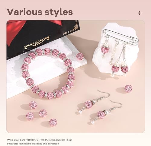 105pcs 10mm Rhinestone Beads for Jewelry Making, Pink Shiny Round Disco Ball Beads Bulk, Sparkle Crystal Clay Christmas for Bracelet Baseball Necklace Earring Crafting and DIY - Image 2