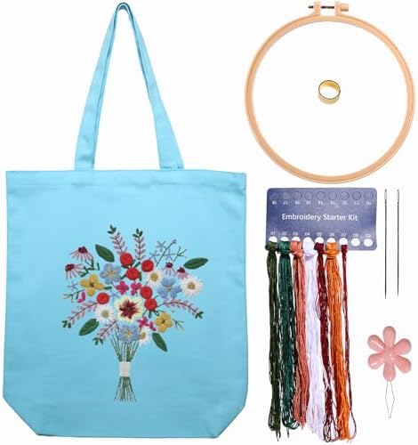 CREAWONDER Canvas Tote Bag Embroidery Kit with Pattern for Beginners, Arts and DIY Embroidery Crafts Kits for Adults, Include Instructions, Thimble, Embroidery Hoops, Color Threads and Tool by Unknown