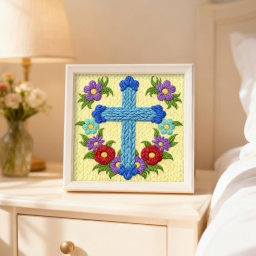 INFUNLY Cross Flowers Punch Needle Kits for Beginner Adult Floral DIY Punch Needle Embroidery Starter Kit for Wall Hanging Blue Cross Needlepoint Kit with Instruction for DIY Crafts Gift Home Decor - Image 6