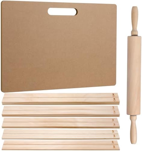 Newtay 12 Pcs Pottery Tools Include 1 Wood Rolling Pin Sculpting Polymer Clay Tools 1 Portable Wedging Board for Pottery with Built in Handle and 10 Pcs 5 Size Pottery Teaching Rolling Mud Stick Guide by Newtay