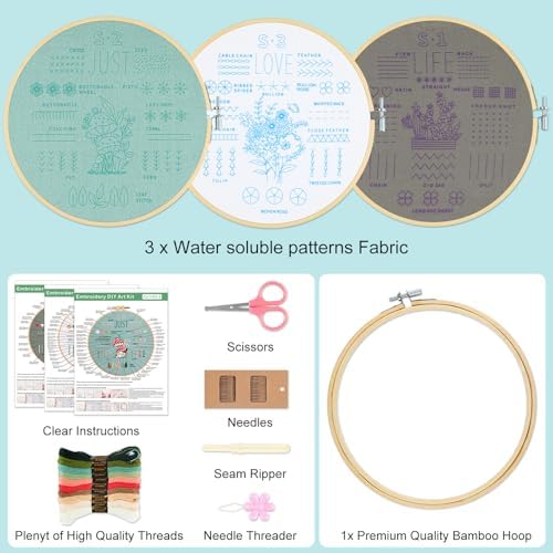 3 Sets Embroidery Kit for Beginners to Learn 36 Basic Embroidery Stitches Practice Kit,Hand Embroidery Cross Stitch Kits for Beginners with Embroidery Patterns, Hoop,Threads,Tools - Image 6
