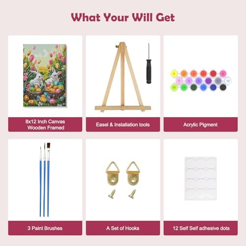 MOGTAA Easter Bunny Paint by Numbers Kit for Adults Beginners with Frame, Easter Eggs Adult Paint by Number Kits on Canvas with Easel, Easy DIY Flowers Oil Painting Kits for Home Decor, 8x12in - Image 5