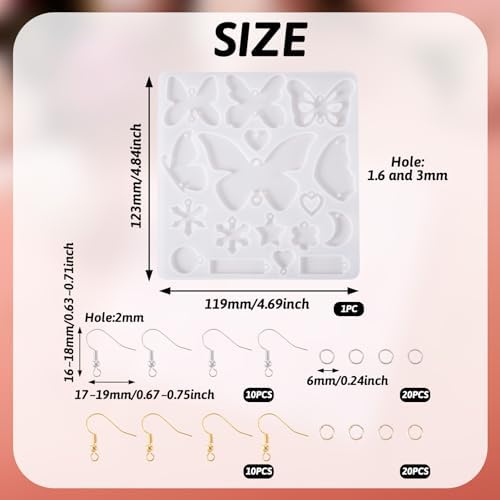Craftdady 1Pcs Butterfly Silicone Mold Earring Making Kit Love Heart Star Moon Snowflake Rectangle Jewelry Resin Casting Mold with Brass Earring Hooks Jump Rings for DIY Craft Jewelry Making Supplies - Image 2