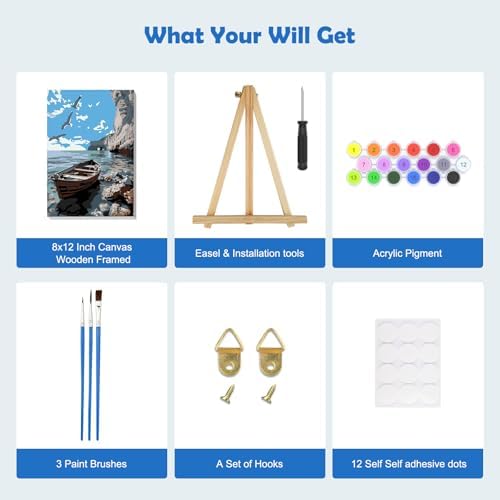 MOGTAA Paint by Numbers Kit for Adults with Frame, Lake Landscape Paint by Number Canvas, Birds Paint by Numbers with Easel, DIY Ship Oil Painting Kit for Home Wall Decor 8 x 12 Inch - Image 5