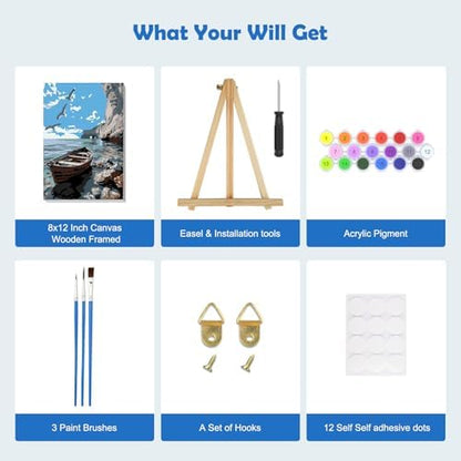 MOGTAA Paint by Numbers Kit for Adults with Frame, Lake Landscape Paint by Number Canvas, Birds Paint by Numbers with Easel, DIY Ship Oil Painting Kit for Home Wall Decor 8 x 12 Inch - Image 5