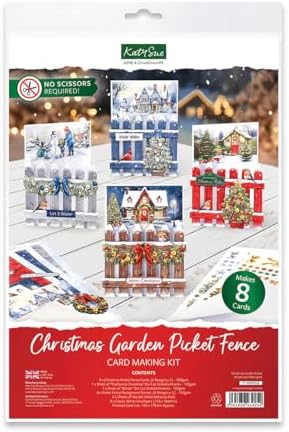 Katy Sue Christmas Garden Picket Fence Card Making Kit - 8 Shaped Cards, Die-Cut Embellishments, Background Scenes, Foam Pads, Instructions & 8 Envelopes for Christmas Card Making Supplies. UK-Made. by KatySue