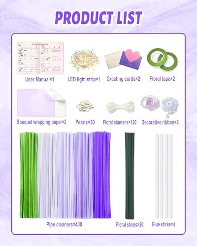 cyctravel 400 Pcs Pipe Cleaner Flower Kit, 5 Colors of Pipe Cleaners for DIY Flower Making Includes Greeting Cards, String Light, Manual, Pipe Cleaners Craft is Ideal for Holiday Gifts and Decorations - Image 2