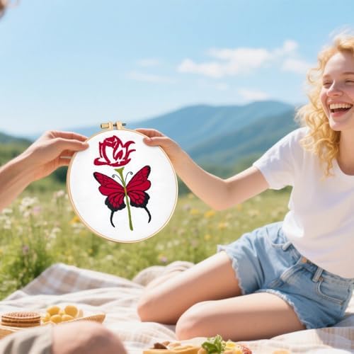 Butterfly Rose Embroidery Kits for Beginners Adults, Valentine's Day Hand Embroidery Kits, Cross Stitch Kits for Adult Anniversary Valentine's Gifts, Entire Set of Embroidery Supplies & Video Tutorial - Image 3